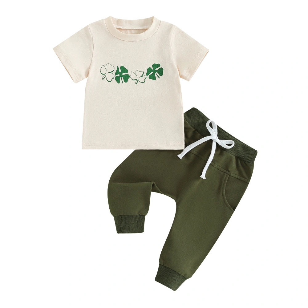 Baby Boys Pants Set, Short Sleeve Letters Shamrock Print T-shirt Pants