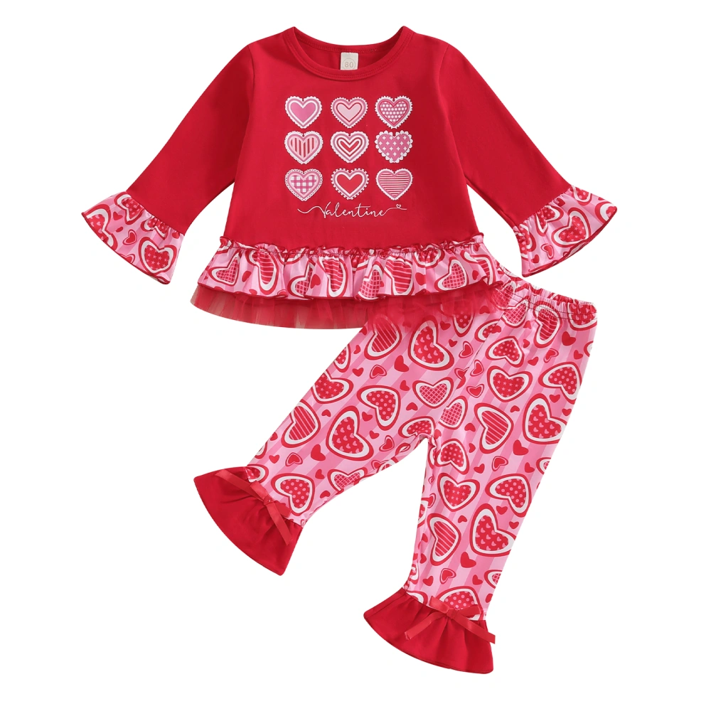 Girls Valentine's Day Outfits Letter Heart Print Tops and Flare Pants