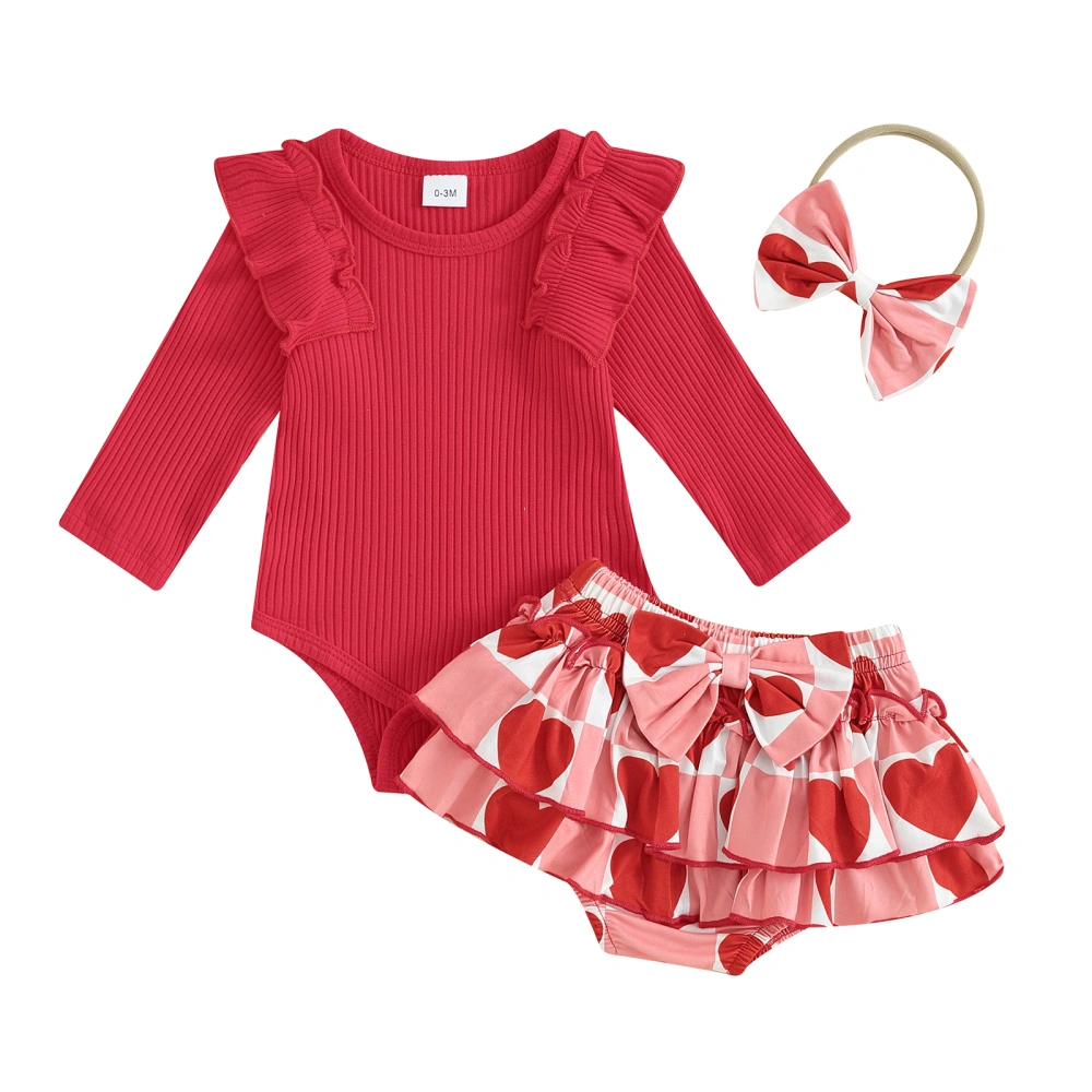 Girl Valentine's Day Long Sleeve Romper with Heart Shorts Headband 