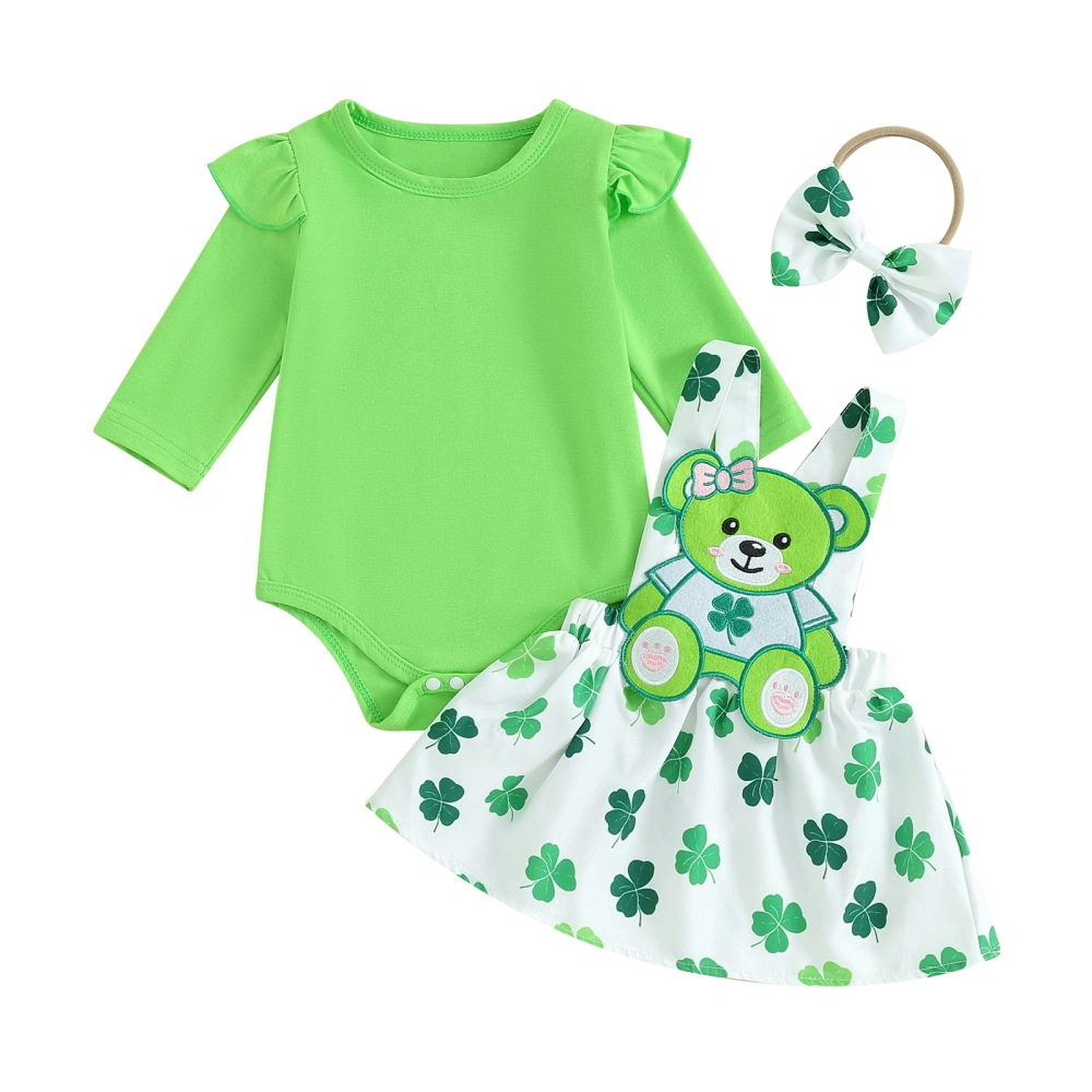 Baby Green Romper Four Leaf Clover Print Suspender Skirt Headband Set