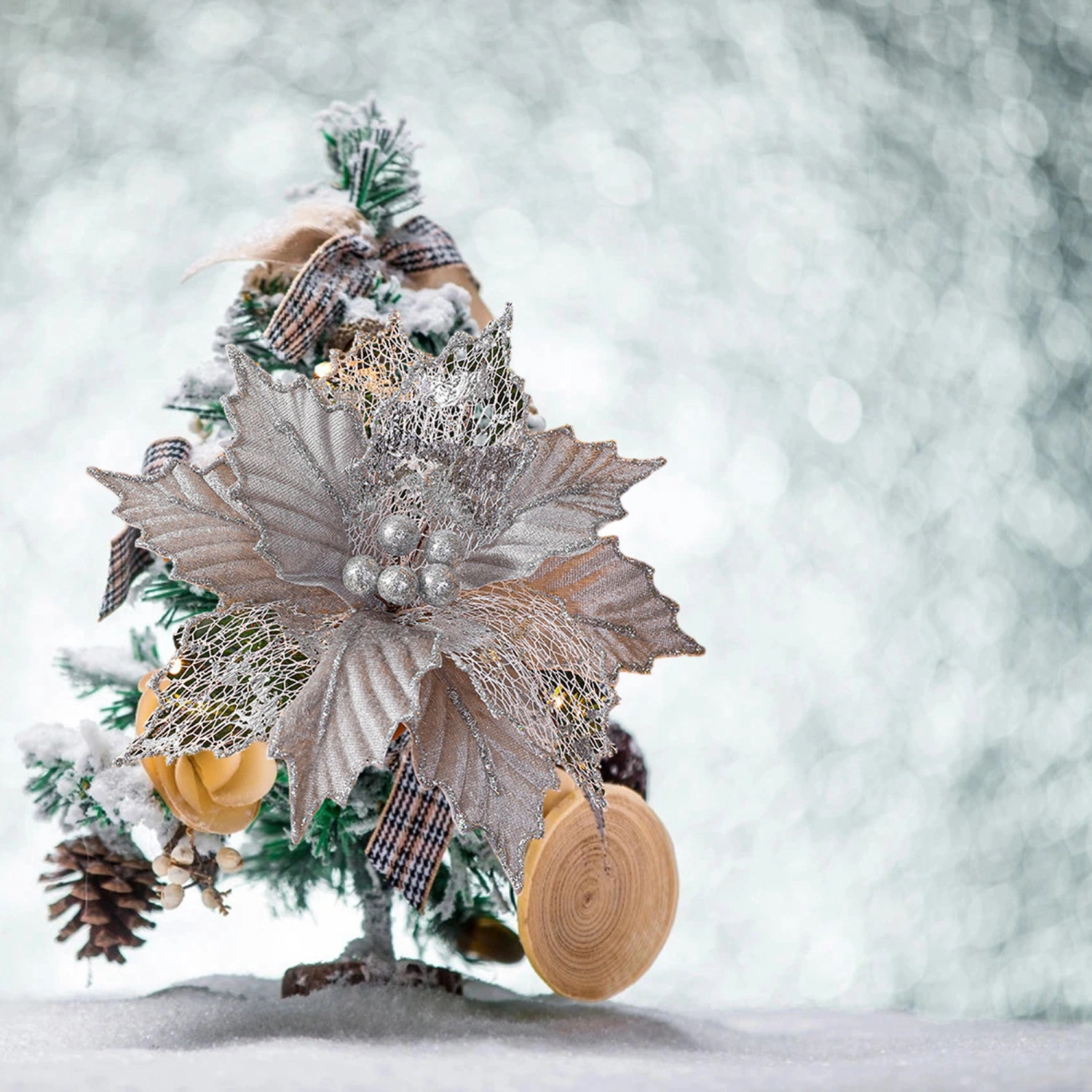 Christmas Poinsettia Flowers Glitter Artificial Flowers Tree Ornaments