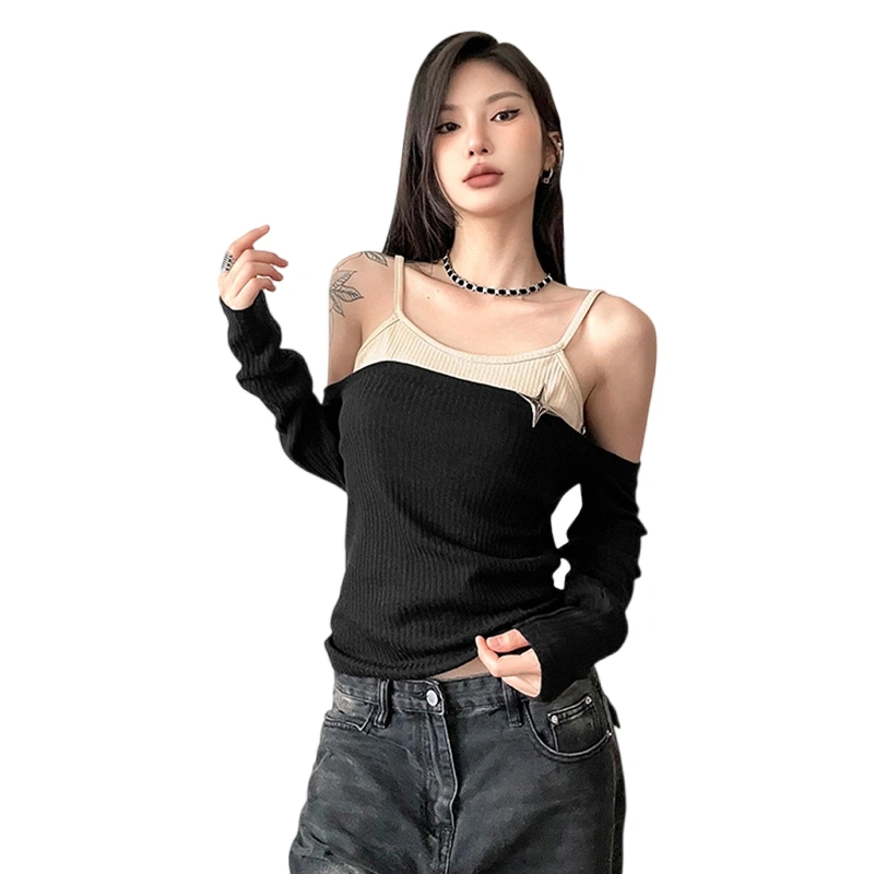 Women’s Cold Shoulder Tops Long Sleeve Strap Patchwork T-Shirts