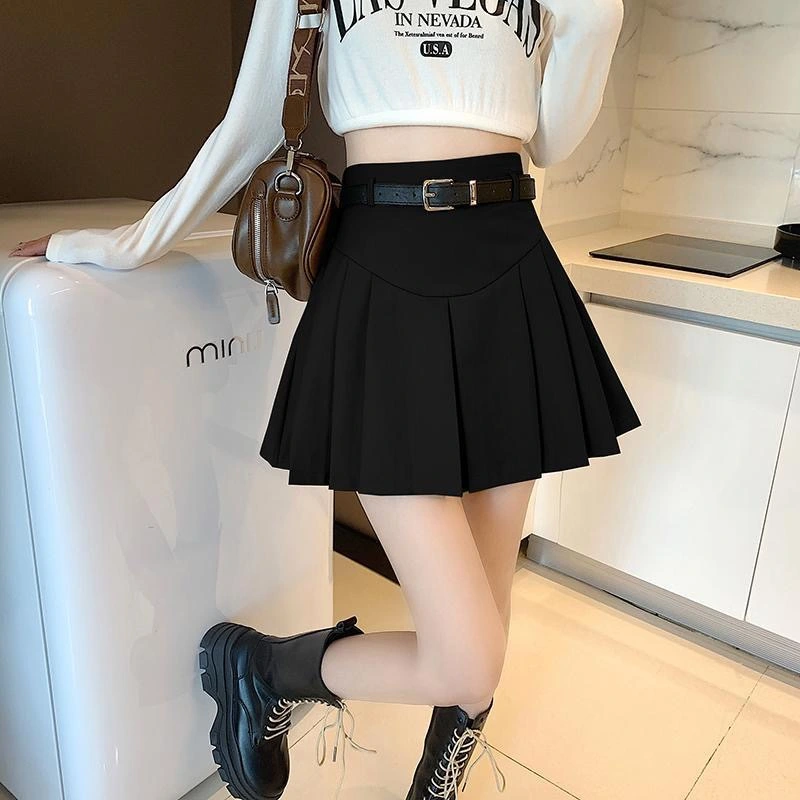 Women Summer Skirt Solid Color Pleated Mini Skirt with Safety Shorts