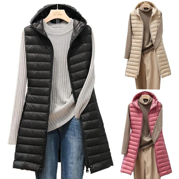 Winter Women's Sleeveless Cotton Jacket New Long Padding Jacket Hooded Slim Parka Vest Long Winter Vest