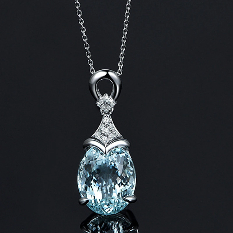 Fashion Women's 925 Sterling Silver Chain Necklace + Aquamarine Gemstone Pendant