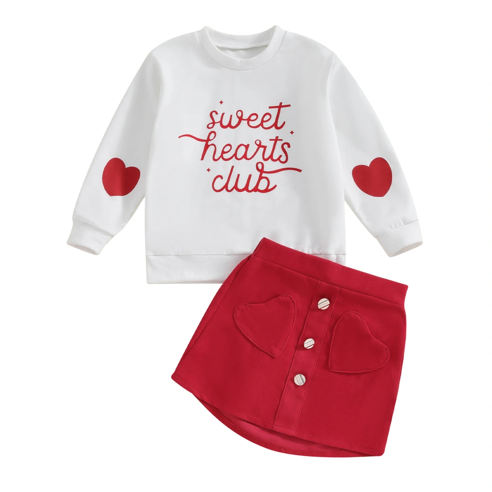 Girls Skirt Set, Long Sleeve Crew Neck Letters Heart Sweatshirt Skirt