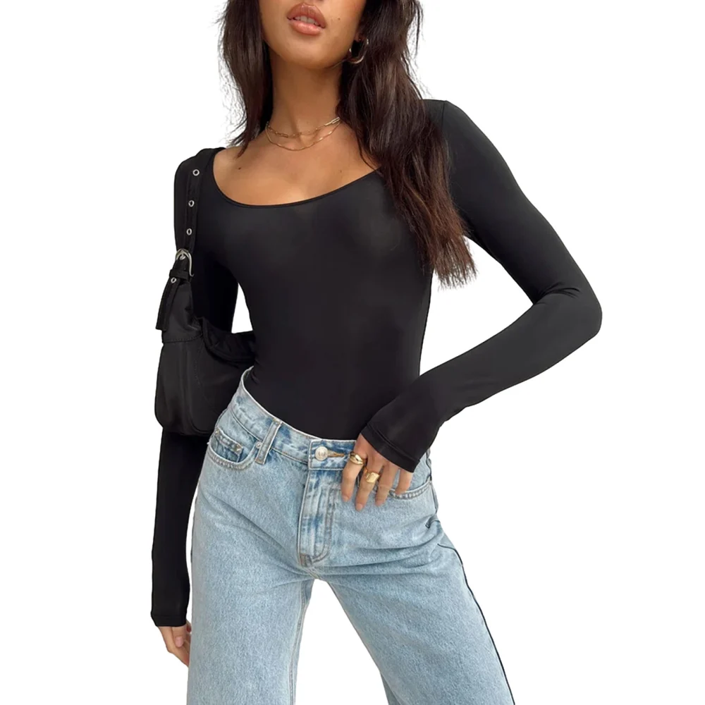 Women’s Tight Fitted Square Neck Solid Color Long Sleeve Tops