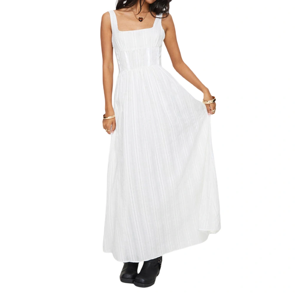 Women’s Sleeveless Long Dress Square Neck Smock Waist Evening Dress