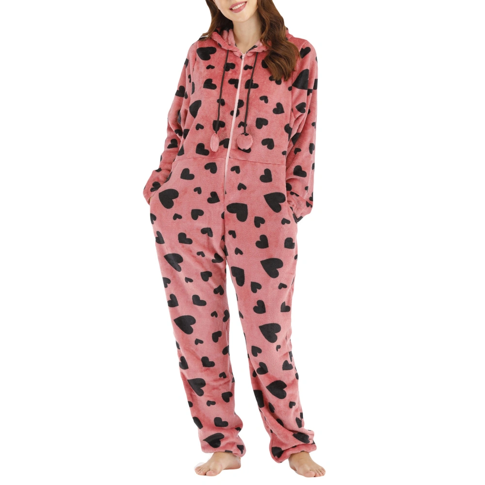 Women Cute Flannel Pajama Heart Print Long Sleeves Hooded Jumpsuits