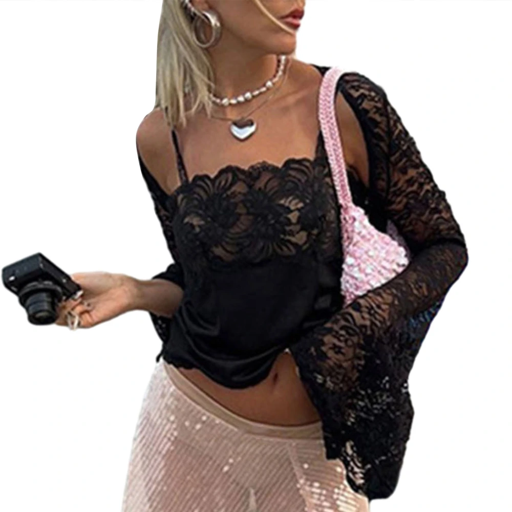 Women's Sleeveless Lace Floral Camisole with Long Sleeve Shrug Tops