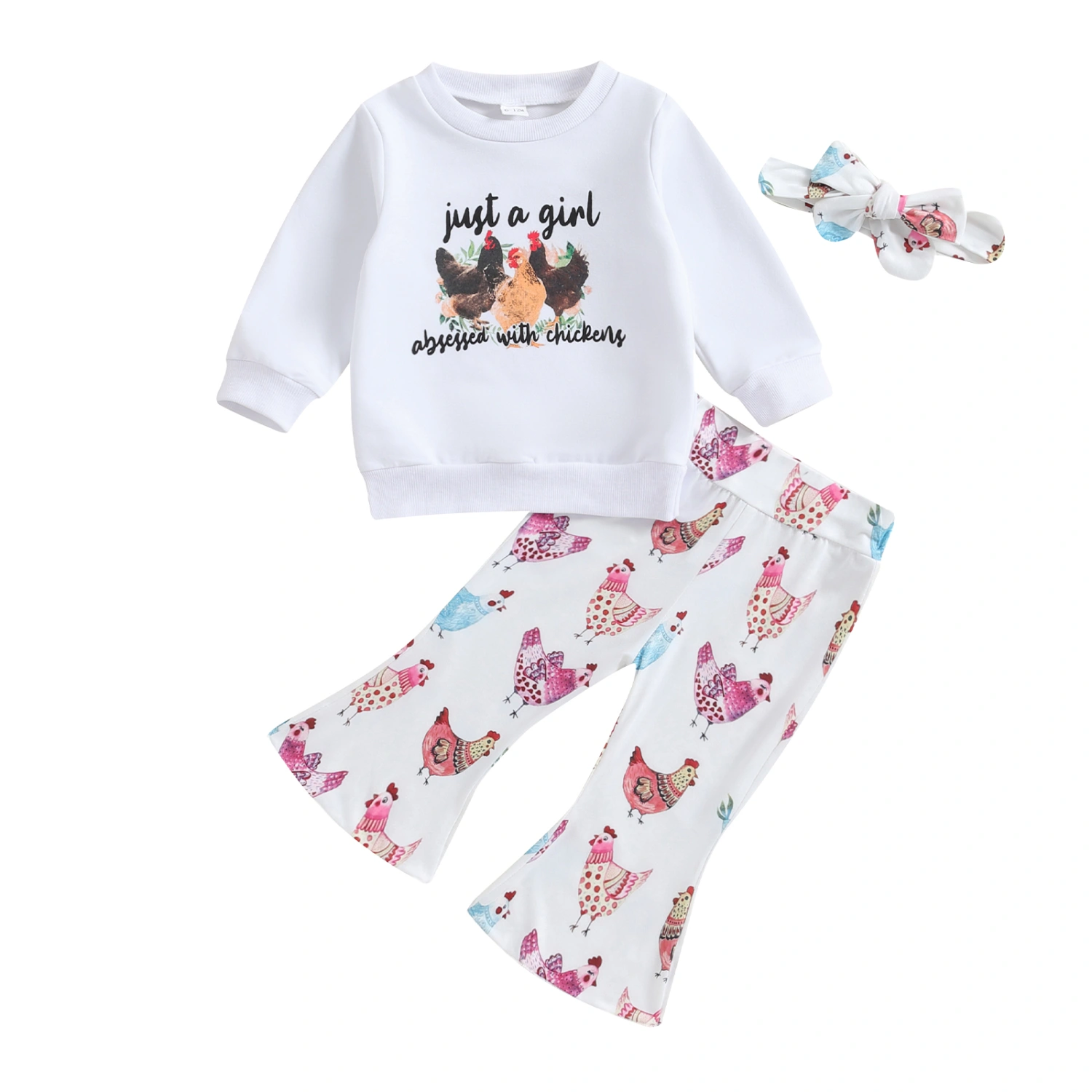 Baby Girls 3 Piece Outfits Chicken Print Sweatshirt and Pants Headband