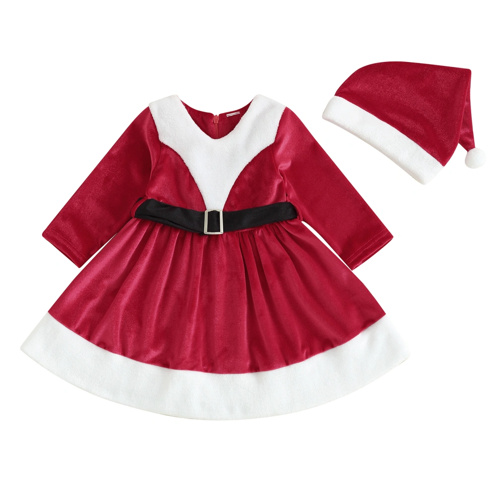 Baby Girl Christmas Costume Long Sleeve Patchwork A-line Dress and Hat