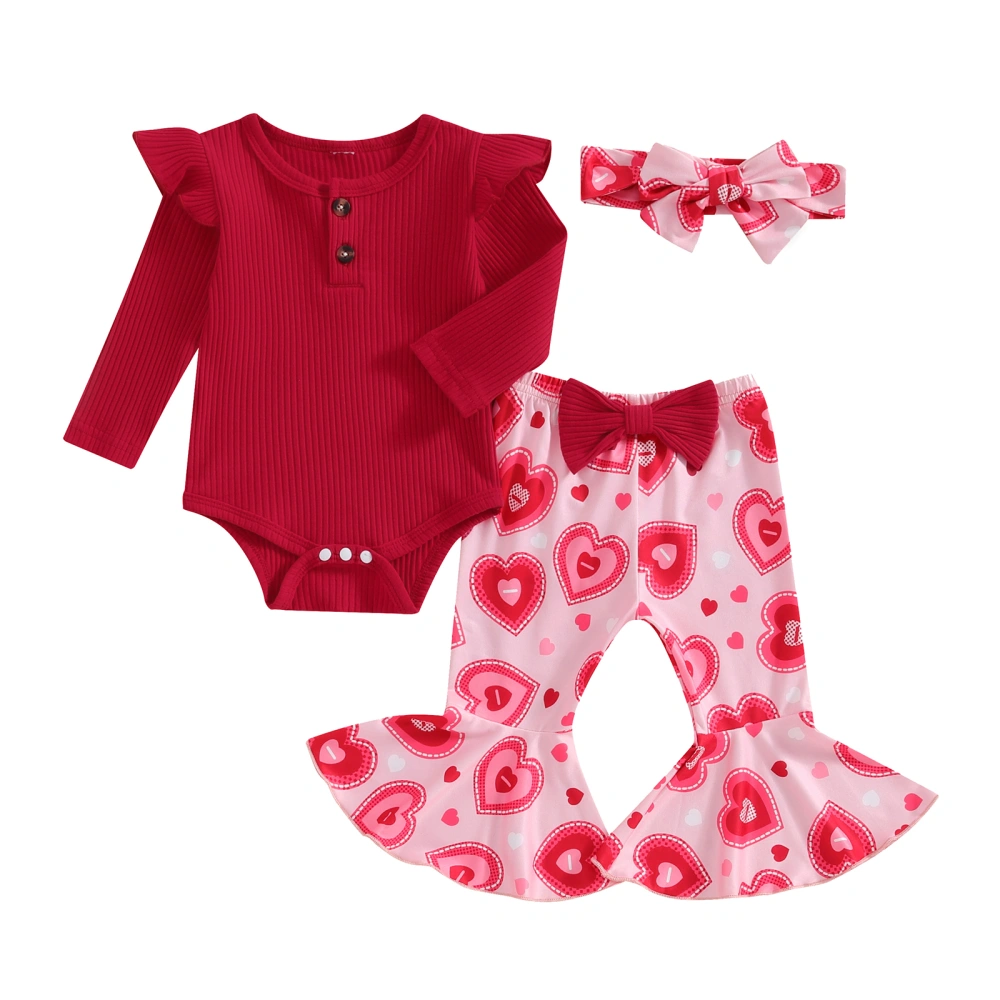 Girls Fall Outfit, Long Sleeve Romper Heart Print Pants and Headband