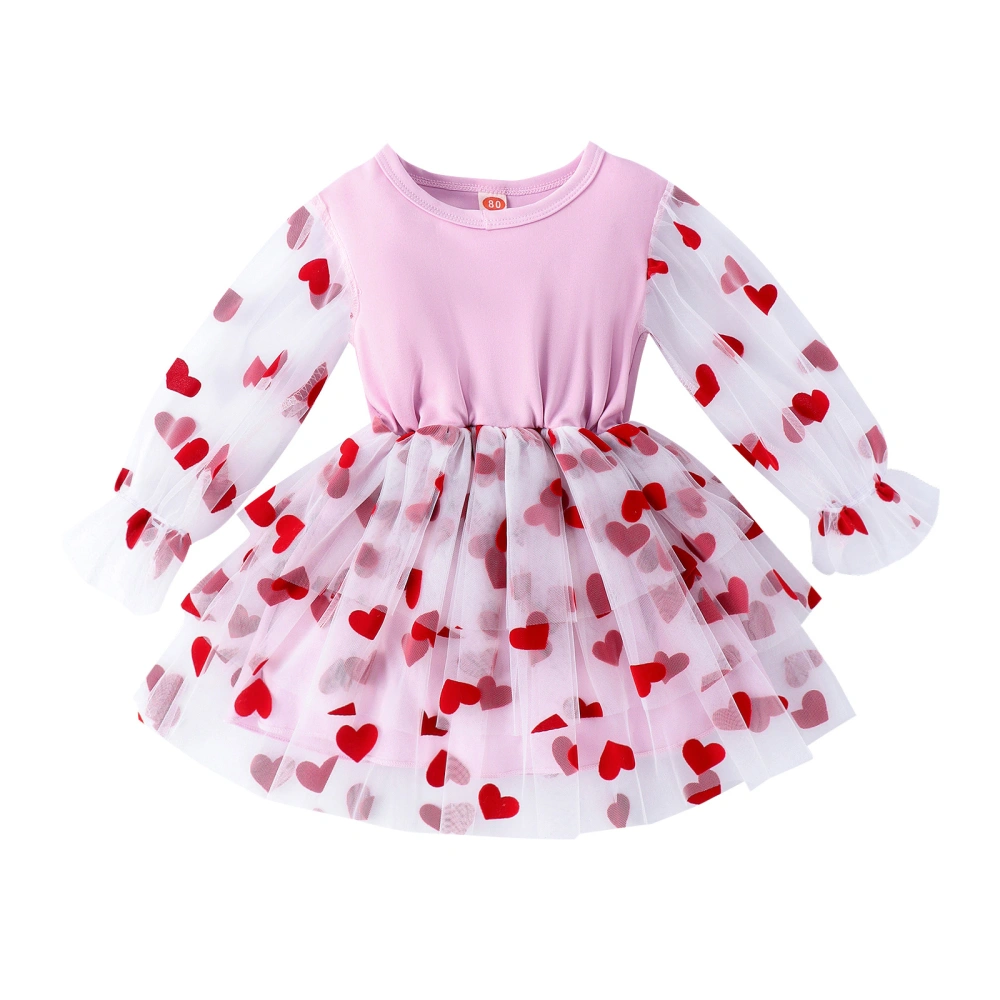 Kid Girl Long Sleeves Dress Casual Heart Print Mesh Tulle A-Line Dress