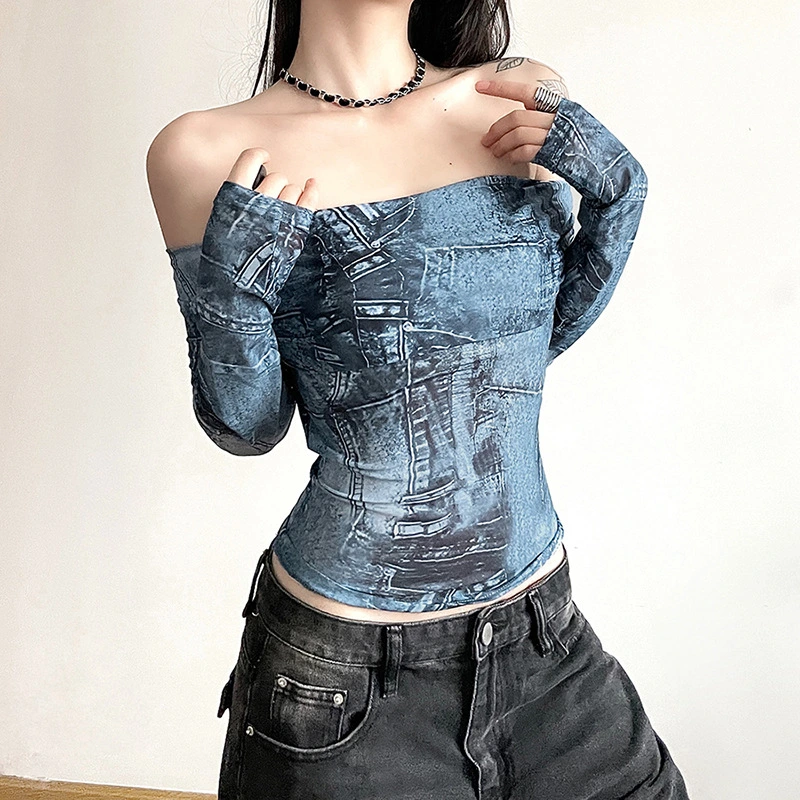 Women Off Shoulder Crop Tops Long Sleeve Denim Print Slim Fit T-Shirts