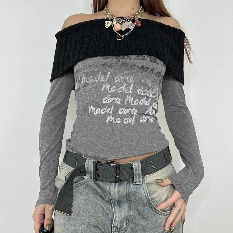 Women Long Sleeve T-Shirts Letter Print Patchwork Off Shoulder Shirts