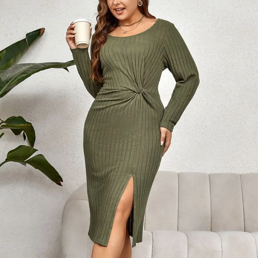 Inner Wear Outer Wear Scoop Split Waist Fitted Bean Green Slimming Dress