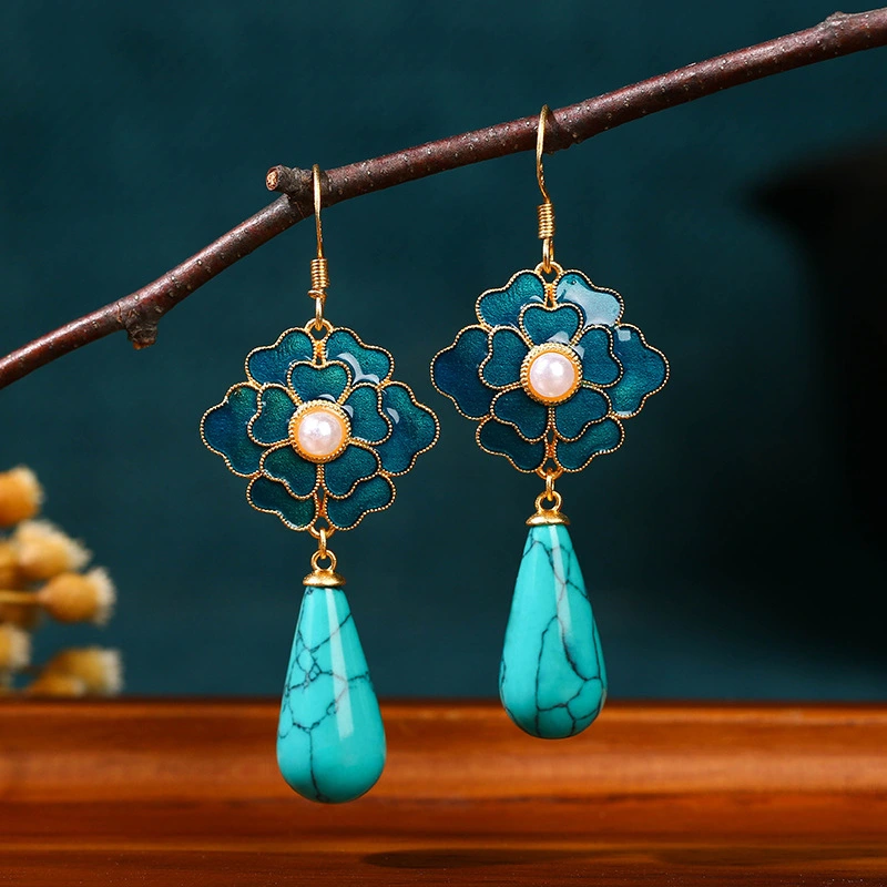 Camellia Tian-Tsui Pearl Turquoise Vintage Earrings