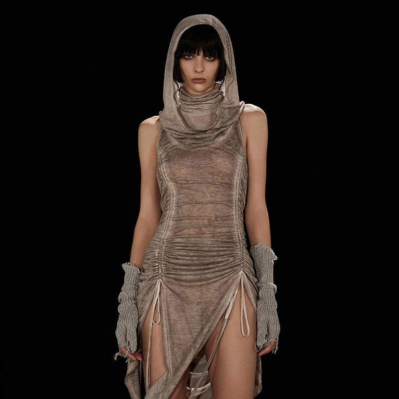 European And American Style Turtleneck Hooded Pleated Drawstring Waist-tight Sexy Cutout Slit Dress