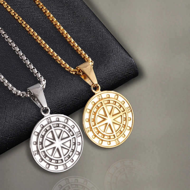 European And American Stainless Steel Men's Round Compass Hip Hop Necklace