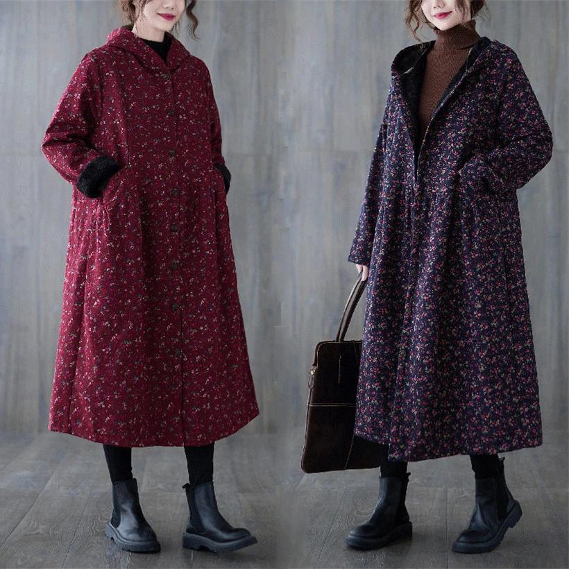 Women's Fashion Elegant Floral Slimming Hooded Trench Coat