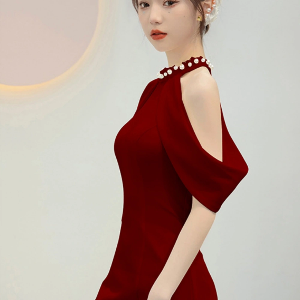 Bride Wine Red Luxury Neck Hanging Wedding Dress Engagement Party Dress