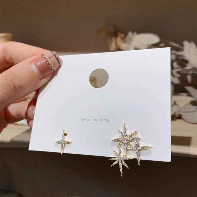 Sterling Silver Needle Shiny Asymmetric Stars Earrings