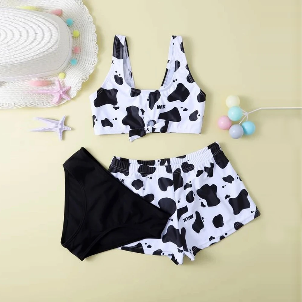 Girls' Cow Print Split Swimsuit Bikini Swimsuit Three-piece Suit