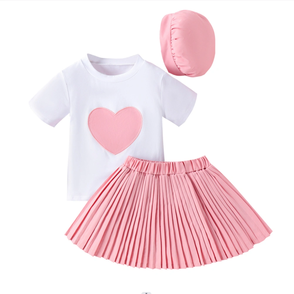 Kids Girl Summer Outfits Heart Embroidery T-Shirts Pleated Skirts Hat