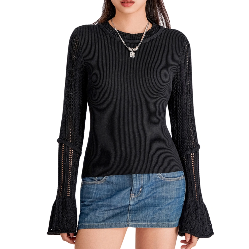 Women Long Sleeve Knit Tops Solid Color Basic Shirt Casual Pullover 