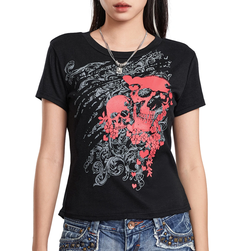 Women Short Sleeve T-Shirts Skull Print Crew Neck Shirts Streetwear