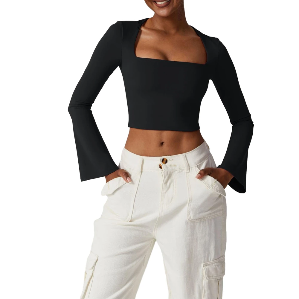 Women's Slim Fit Crop Tops Long Flare Sleeve Square Neck T-Shirtss