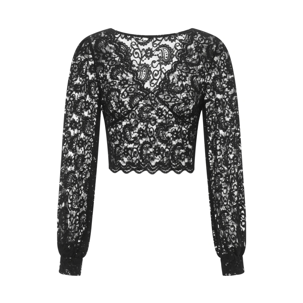 Women Crop Tops Floral Lace Long Sleeve Basic Shirt Casual Pullover 