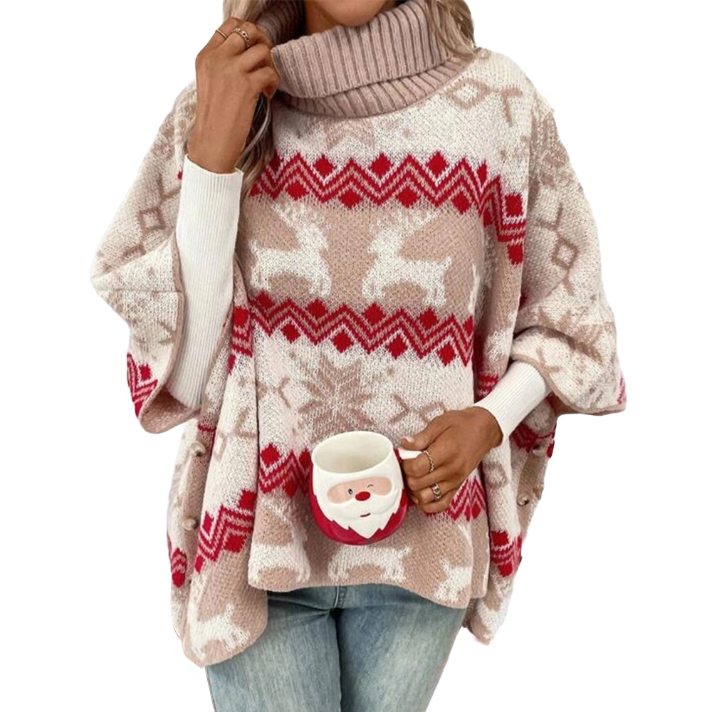 Women Christmas Sweaters Elk Print Batwing Sleeve Turtleneck Knit Tops