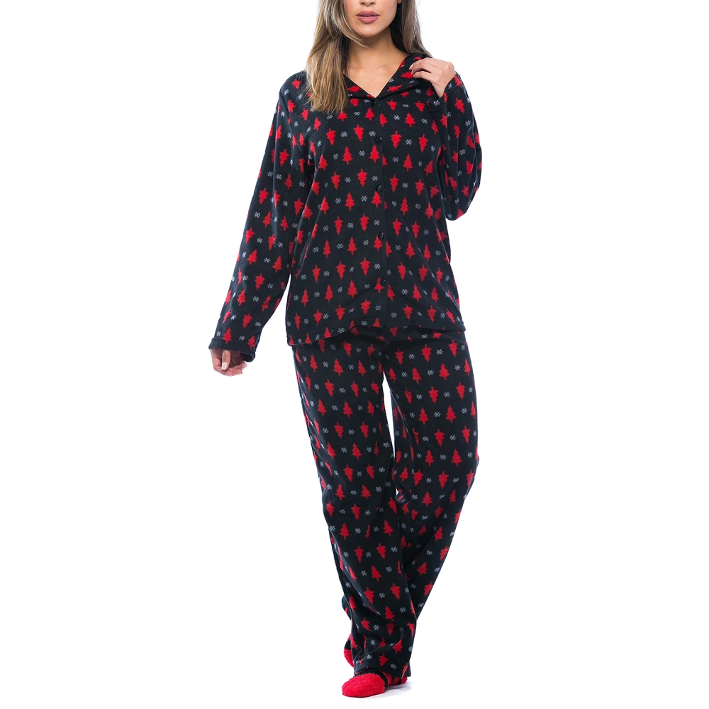 Women Christmas 2 Piece Pajama Long Sleeves Button Shirt and Pants 