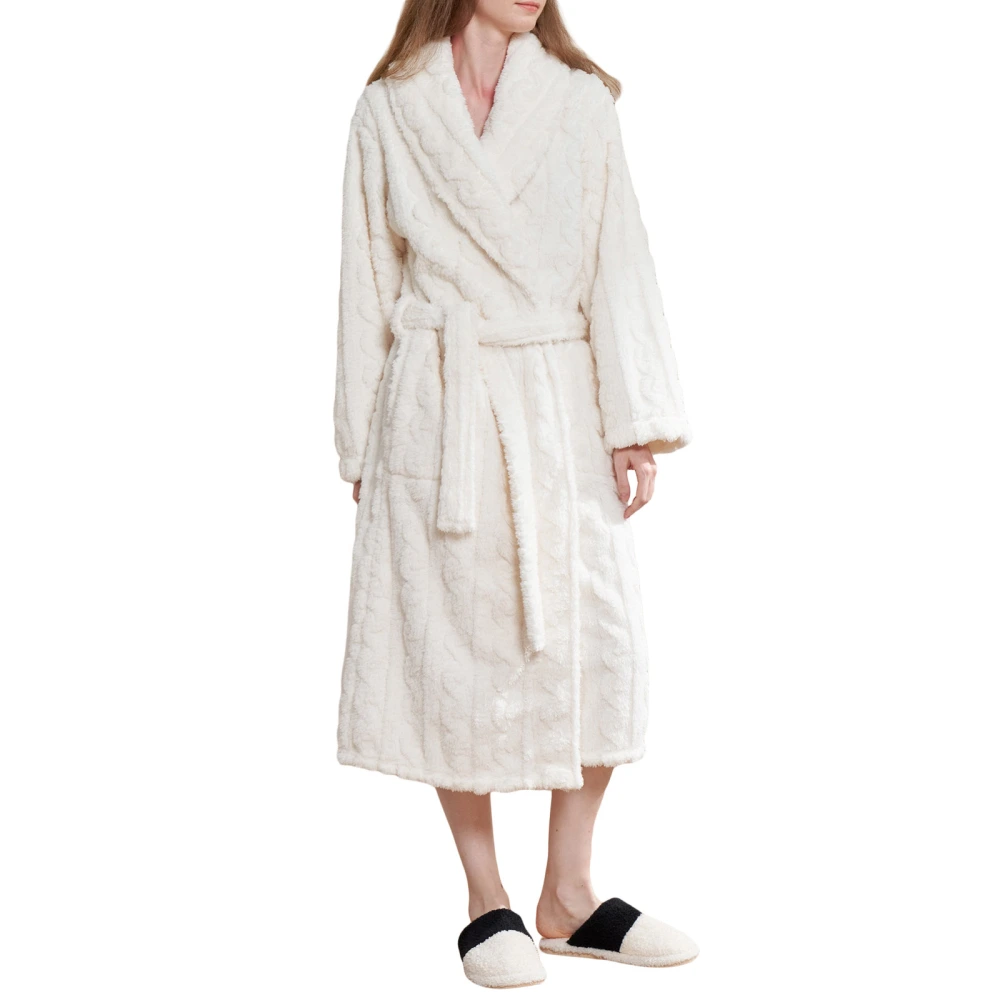 Women Dressing Gown Robe Coral Fleece Jacquard Robe with Belt