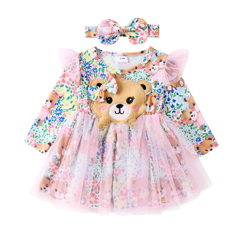 Girl Autumn Dress with Bow Headband Long Sleeve Bear Print Dress