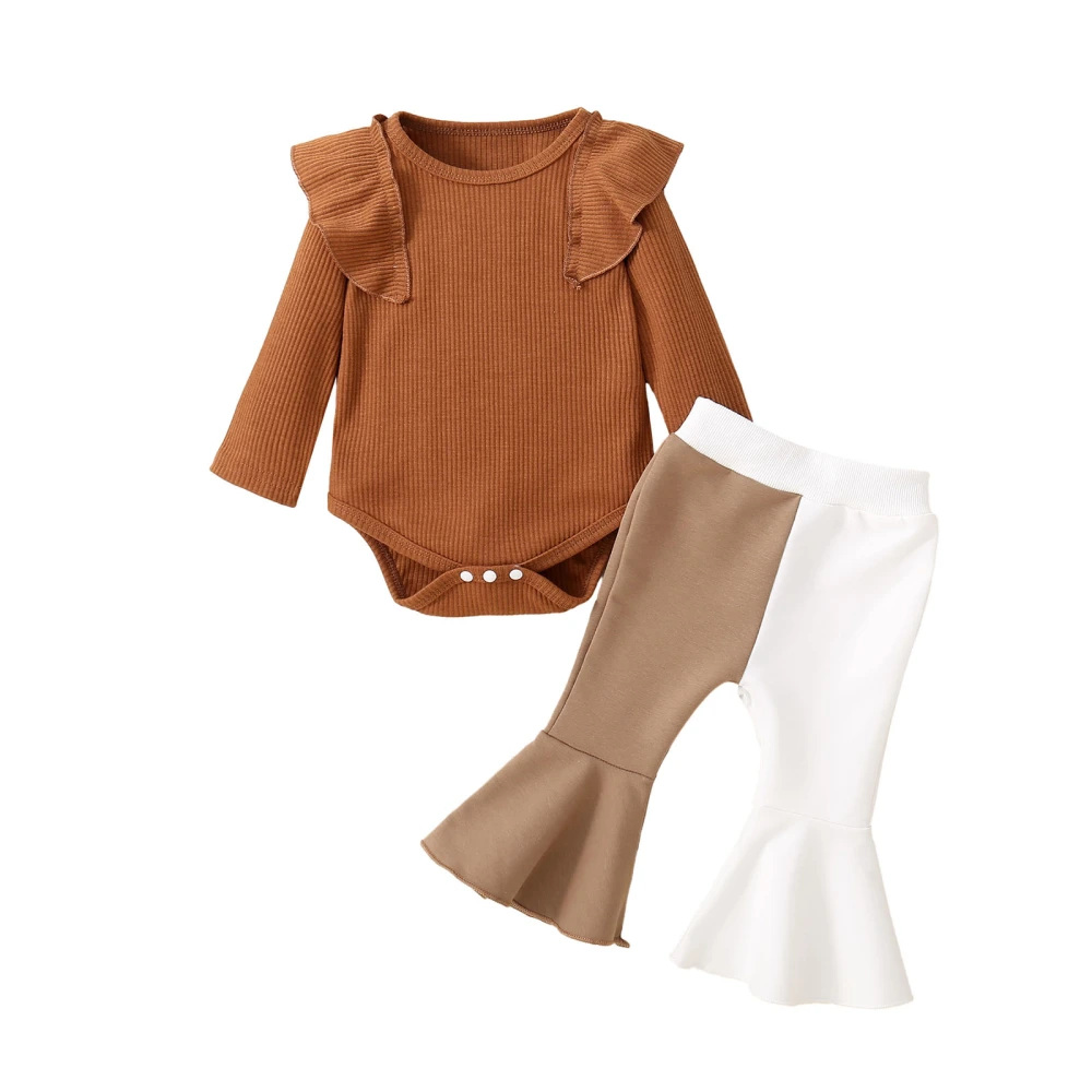 Girl Outfit Solid Flying Sleeve Romper with Contrast Flare Pants 