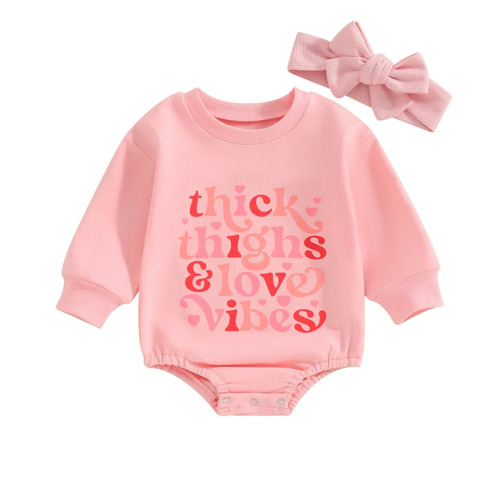 Baby Long Sleeve Crew Neck Heart Letter Print Romper with Headband