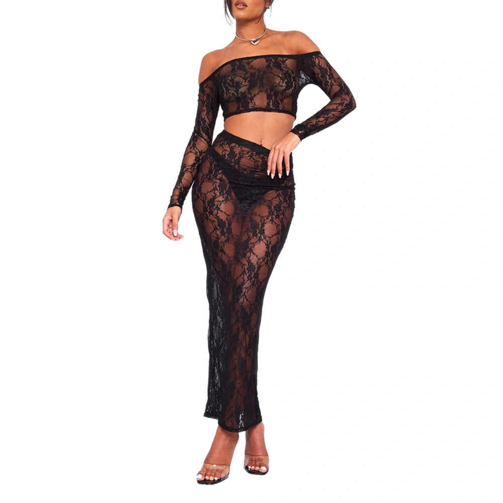 Women's Long Sleeve Off Shoulder Crop Tops Sheer Lace Floral Skirt Set