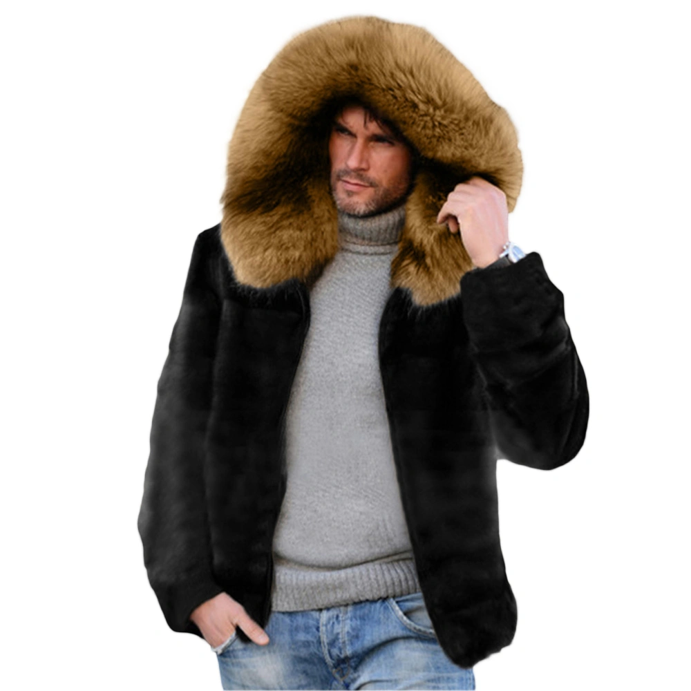 Men's Winter Long Sleeve Artificial Fur Hooded Front Zipper Jacket