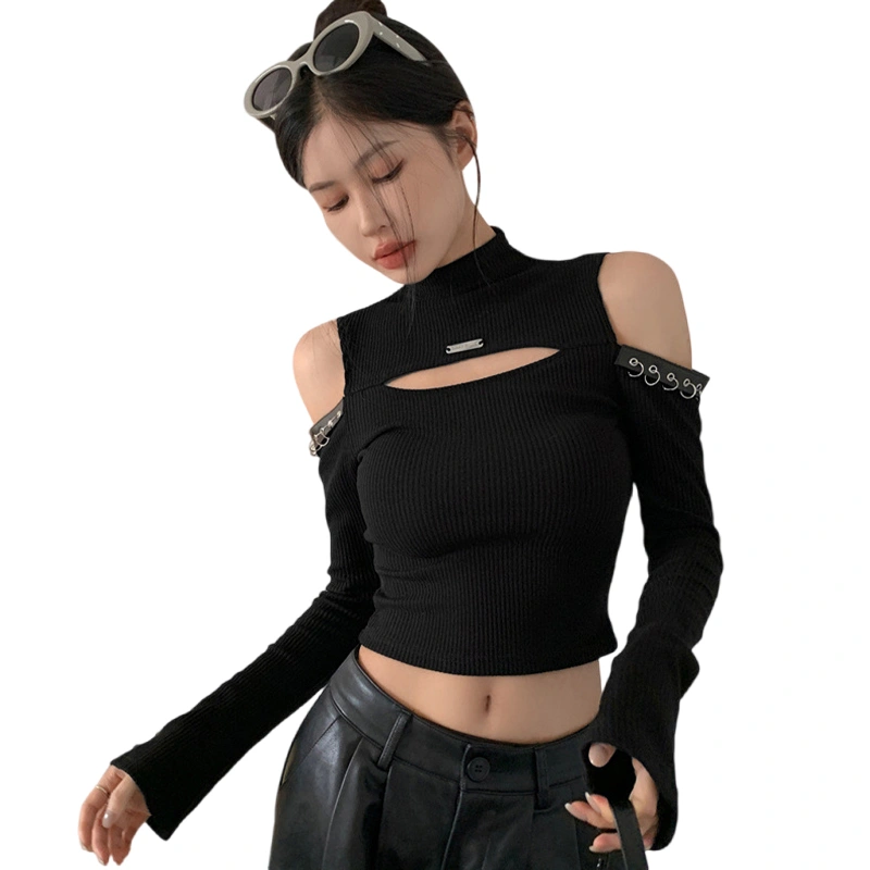 Women's Knit Crop Tops Cold Shoulder Long Sleeve Mock Neck Knitwear