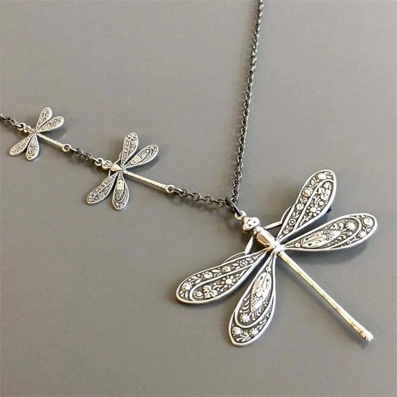 silver dragonfly necklace, bridesmaid gift, long necklace, dragonfly jewelry necklace, antique silver necklace, bug insect animal jewelry