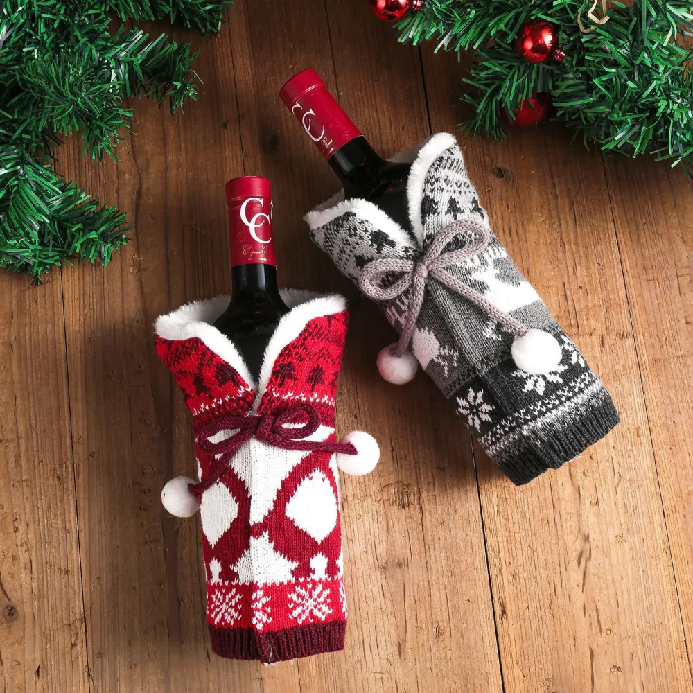 Christmas Exquisite Wool Ball Knitted Red Wine Set Decoration Items