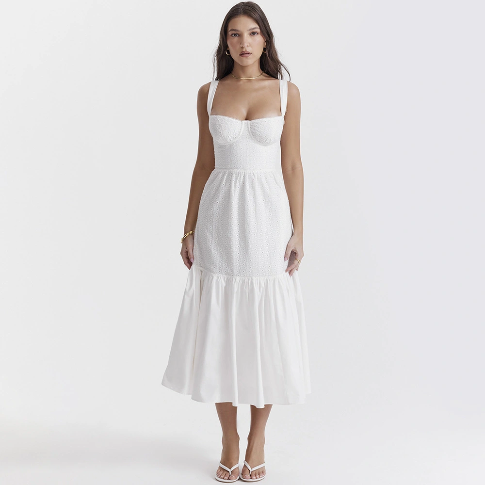 Women's Clothing Cotton Linen Jacquard Mid-length White Dress Women's