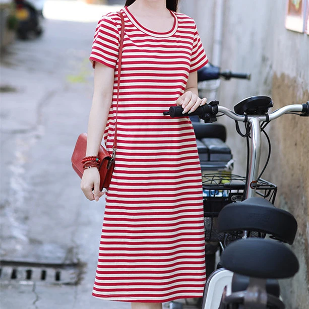 Stretch Cotton Striped Short Sleeve Casual Dress Home