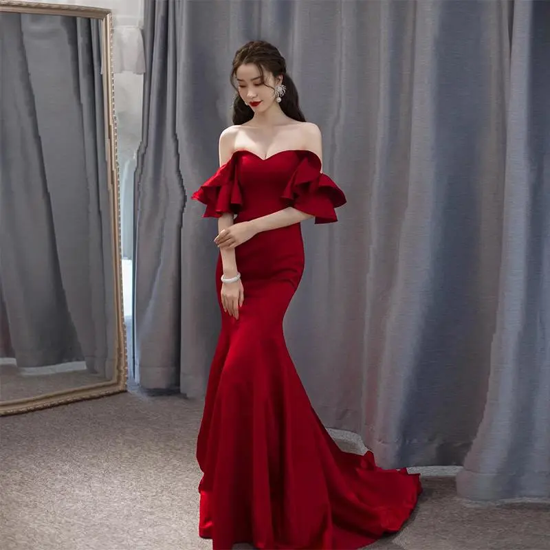Off-shoulder Simple Graceful Waist Fishtail Gown