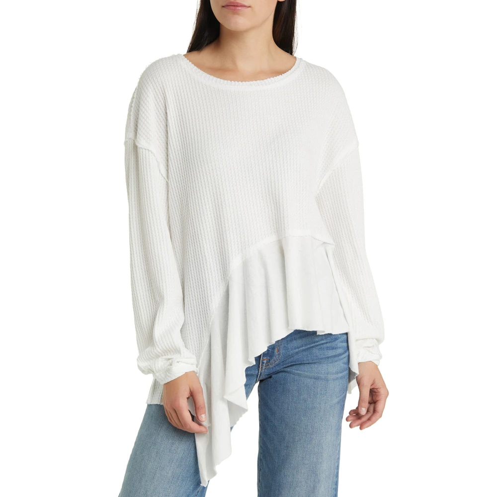 Women’s Long Sleeve Round Neck Irregular Ruffled Hem Waffle Knit Tops