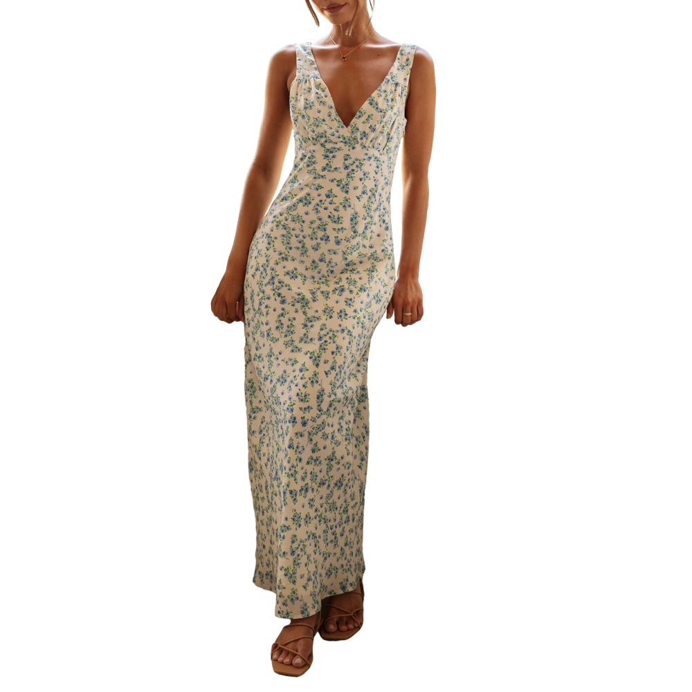 Women Slip Dress, Sleeveless V-neck Backless Floral Summer Long Dress