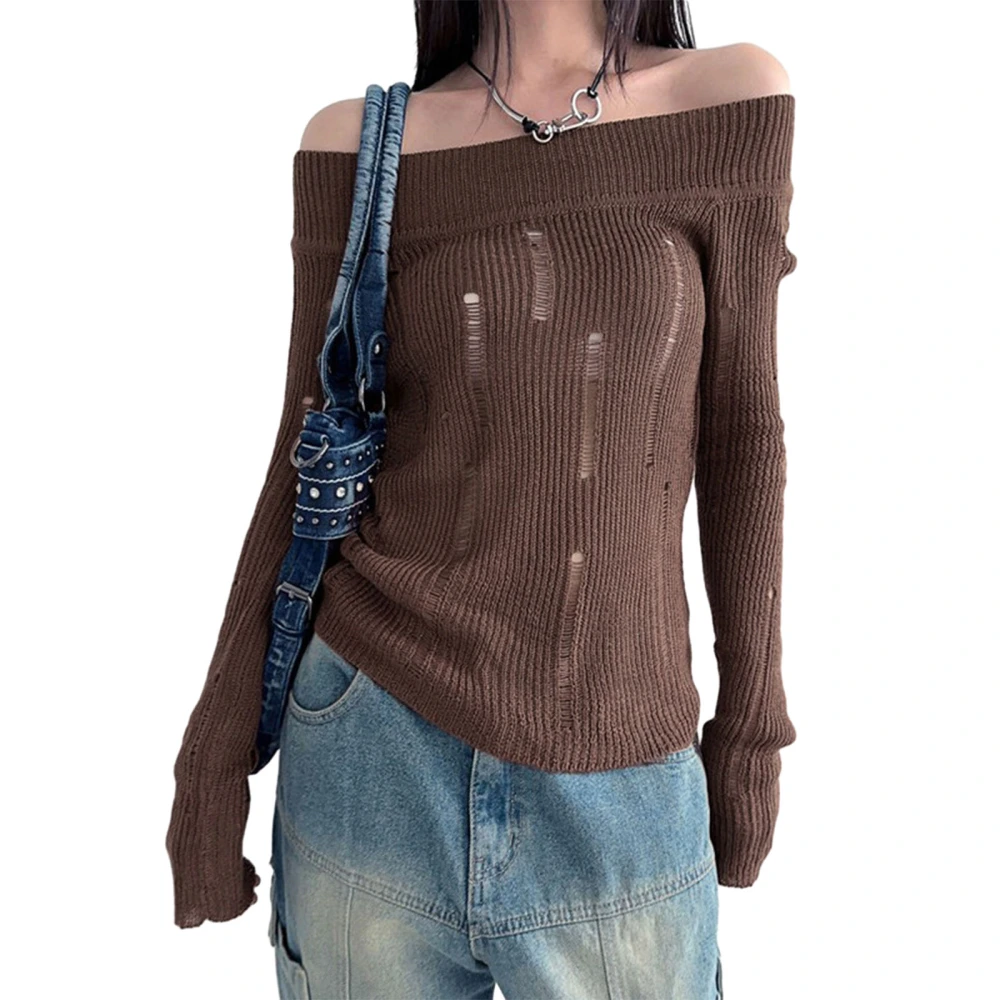 Women’s Ripped Off Shoulder Side Drawstring See Through Knit Sweater